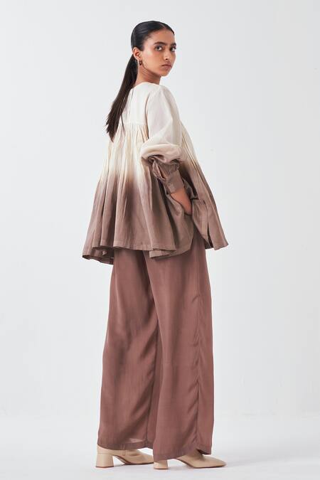 Three_Brown Silk Cedar Front Pleated Palazzo _at_Aza_Fashions