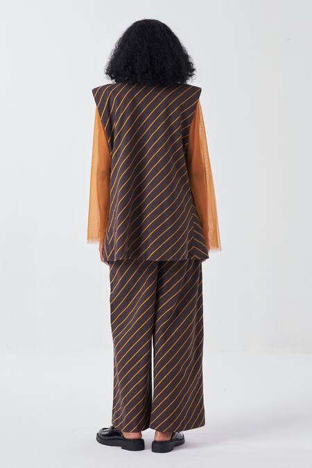 Shop_Three_Brown Handloom Cotton Diagonal Striped Palazzo _at_Aza_Fashions
