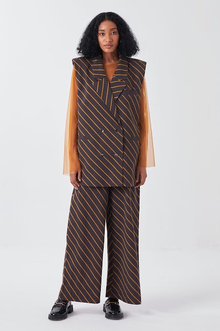 Three_Brown Handloom Cotton Diagonal Striped Palazzo _Online_at_Aza_Fashions