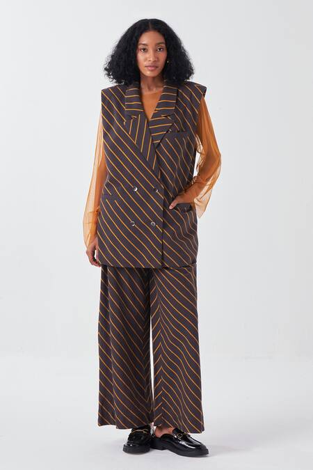 Buy_Three_Brown Handloom Cotton Diagonal Striped Palazzo _Online_at_Aza_Fashions