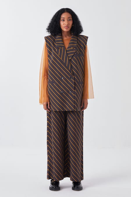 Shop_Three_Brown Handloom Cotton Diagonal Striped Palazzo _Online_at_Aza_Fashions