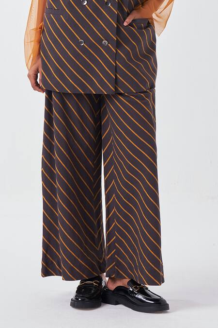 Three_Brown Handloom Cotton Diagonal Striped Palazzo _at_Aza_Fashions