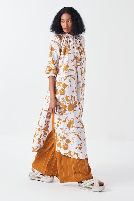 Shop Three Yellow Cotton Mustard Stitchline Embroidered Palazzo Online at Aza Fashions Shop_Three_Yellow Cotton Mustard Stitchline Embroidered Palazzo _Online_at_Aza_Fashions