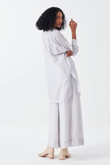 Shop_THREE_White Handloom Cotton Blue Striped Palazzo _at_Aza_Fashions
