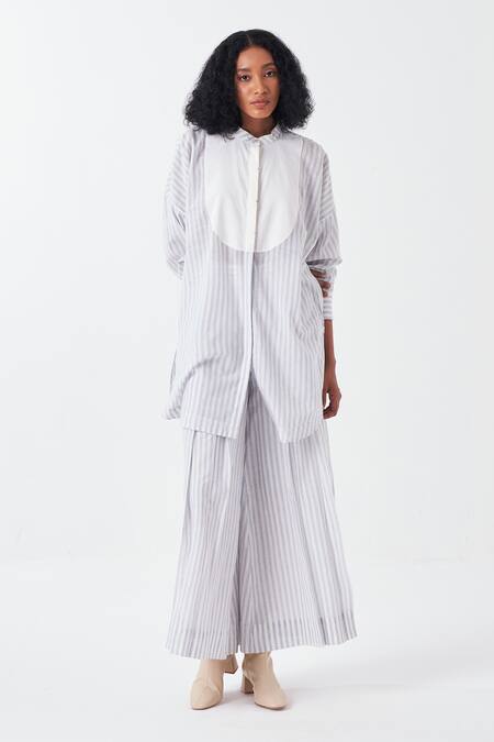 THREE_White Handloom Cotton Blue Striped Palazzo _Online_at_Aza_Fashions