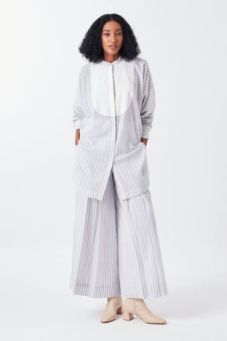 Shop_THREE_White Handloom Cotton Blue Striped Palazzo _Online_at_Aza_Fashions