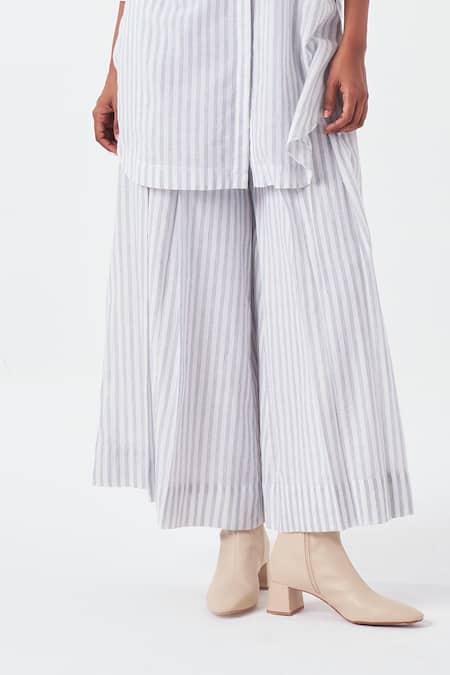 THREE_White Handloom Cotton Blue Striped Palazzo _at_Aza_Fashions