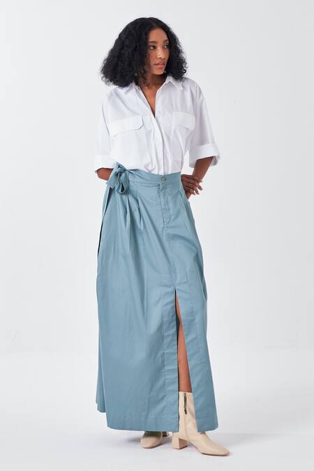 Buy_Three_Blue Poplin Front Slit Side Tie-up Skirt_Online_at_Aza_Fashions