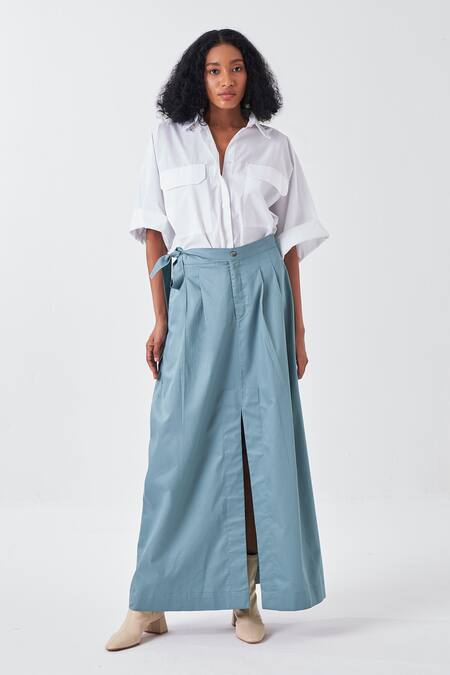 Shop_Three_Blue Poplin Front Slit Side Tie-up Skirt_Online_at_Aza_Fashions