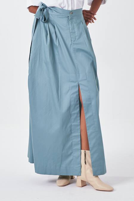 Three_Blue Poplin Front Slit Side Tie-up Skirt_at_Aza_Fashions