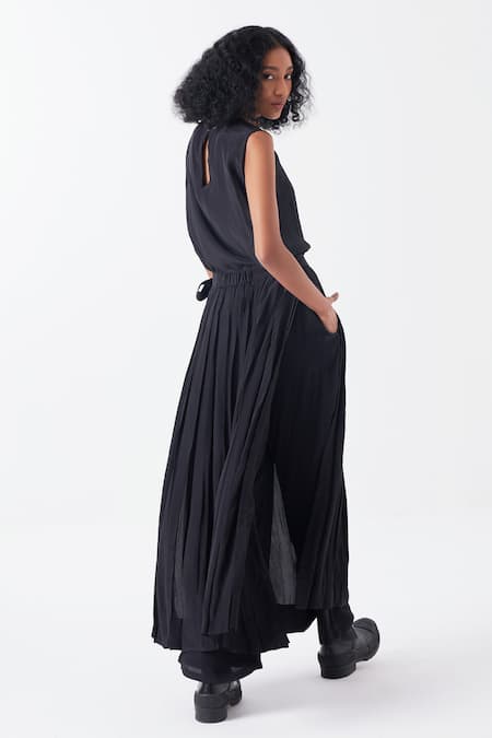 Shop Three Black Silk, Crepe Box Pleated Skirt Pant at Aza Fashions Shop_Three_Black Silk, Crepe Box Pleated Skirt Pant _at_Aza_Fashions