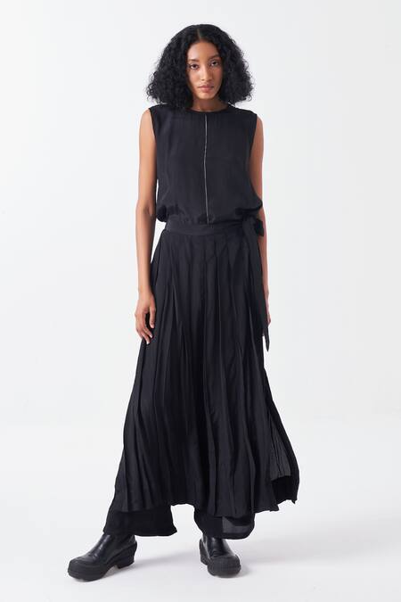 Three Black Silk, Crepe Box Pleated Skirt Pant at Aza Fashions Three_Black Silk, Crepe Box Pleated Skirt Pant _at_Aza_Fashions