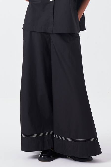 Three Black Poplin Embroidery Stitchline Border Palazzo Online at Aza Fashions Three_Black Poplin Embroidery Stitchline Border Palazzo _Online_at_Aza_Fashions