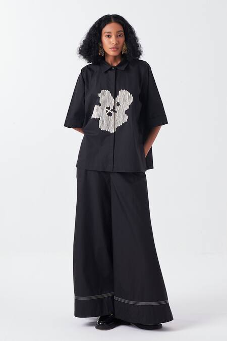 Shop Three Black Poplin Embroidery Stitchline Border Palazzo Online at Aza Fashions Shop_Three_Black Poplin Embroidery Stitchline Border Palazzo _Online_at_Aza_Fashions