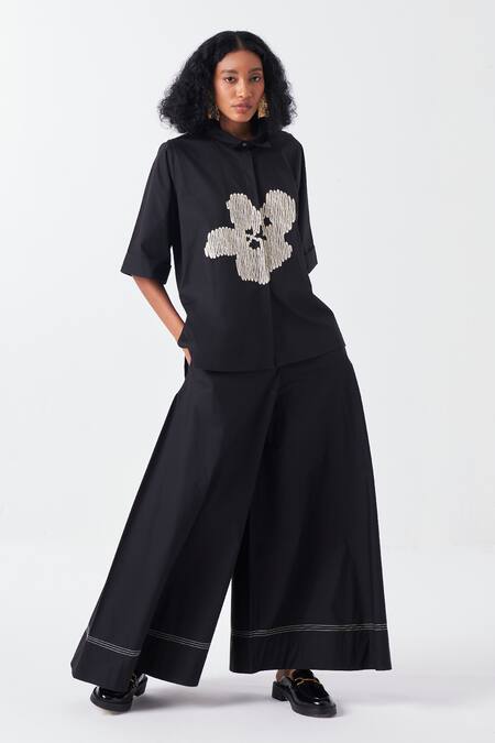 Buy Three Black Poplin Embroidery Stitchline Border Palazzo Buy_Three_Black Poplin Embroidery Stitchline Border Palazzo