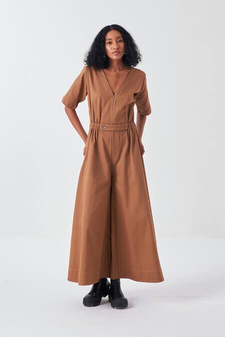 Three Brown Twill V-neck Jumpsuit With Elasticated Waist Online at Aza Fashions Three_Brown Twill V-neck Jumpsuit With Elasticated Waist_Online_at_Aza_Fashions