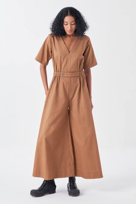 Buy Three Brown Twill V-neck Jumpsuit With Elasticated Waist Online at Aza Fashions Buy_Three_Brown Twill V-neck Jumpsuit With Elasticated Waist_Online_at_Aza_Fashions
