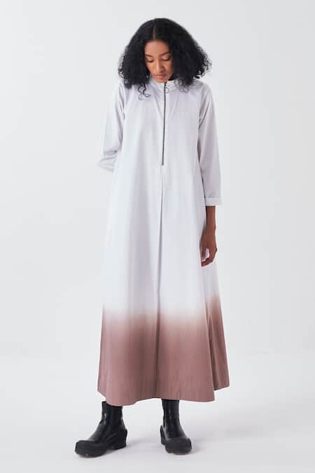 Three_White Poplin Turtle Neck Ombre Dip Dye Midi Dress _Online_at_Aza_Fashions