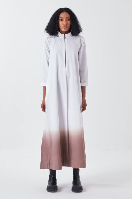 Buy_Three_White Poplin Turtle Neck Ombre Dip Dye Midi Dress _Online_at_Aza_Fashions