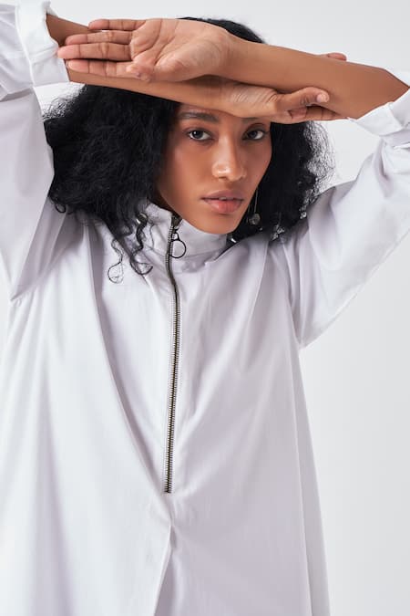 Three_White Poplin Turtle Neck Ombre Dip Dye Midi Dress _at_Aza_Fashions