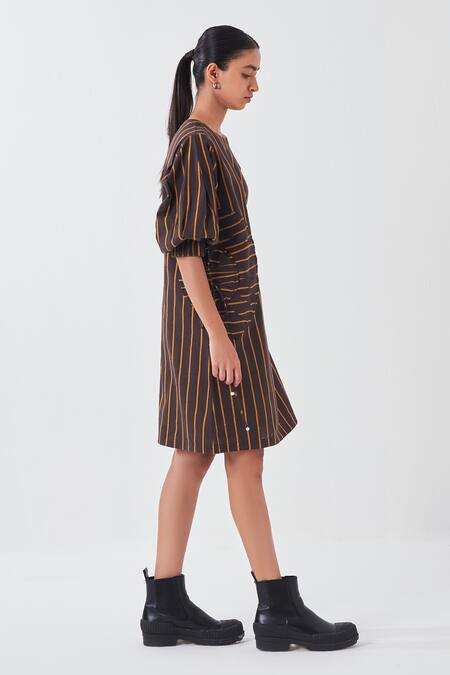 Three_Brown Cotton Round Neck Charcoal Striped Print Dress_Online_at_Aza_Fashions