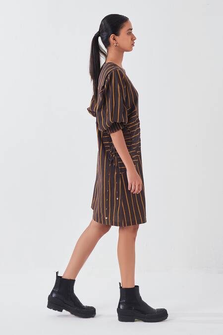 Buy_Three_Brown Cotton Round Neck Charcoal Striped Print Dress_Online_at_Aza_Fashions
