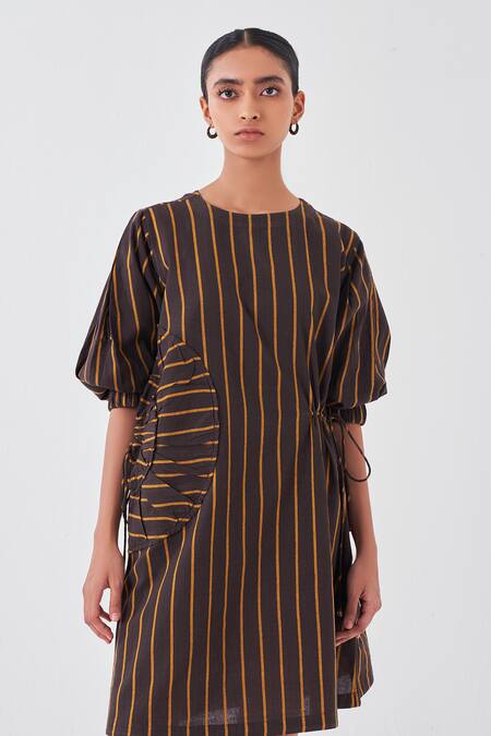 Shop_Three_Brown Cotton Round Neck Charcoal Striped Print Dress_Online_at_Aza_Fashions
