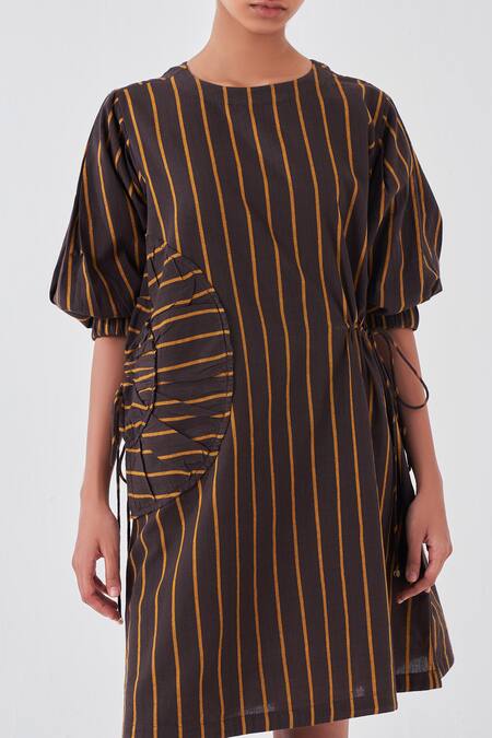 Three_Brown Cotton Round Neck Charcoal Striped Print Dress_at_Aza_Fashions