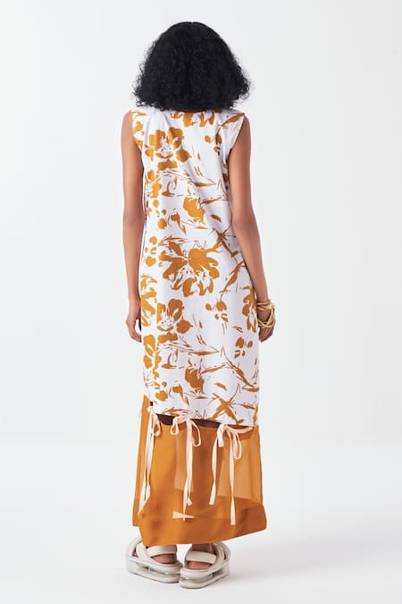 Shop Three White Organza, Poplin V-neck Floral Print Maxi Dress at Aza Fashions Shop_Three_White Organza, Poplin V-neck Floral Print Maxi Dress _at_Aza_Fashions