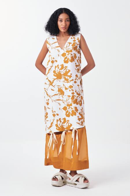 Three White Organza, Poplin V-neck Floral Print Maxi Dress Online at Aza Fashions Three_White Organza, Poplin V-neck Floral Print Maxi Dress _Online_at_Aza_Fashions
