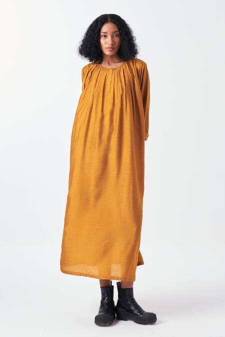 Three_Yellow Bamboo Round Neck Gathered Neckline Midi Dress_Online_at_Aza_Fashions