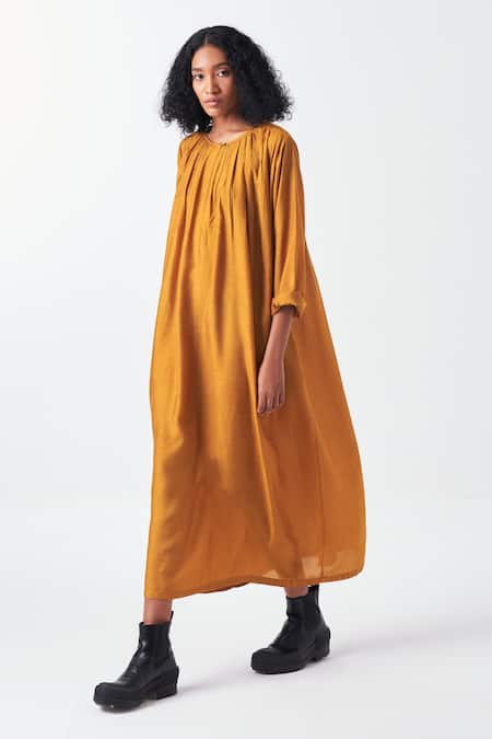 Shop_Three_Yellow Bamboo Round Neck Gathered Neckline Midi Dress_Online_at_Aza_Fashions