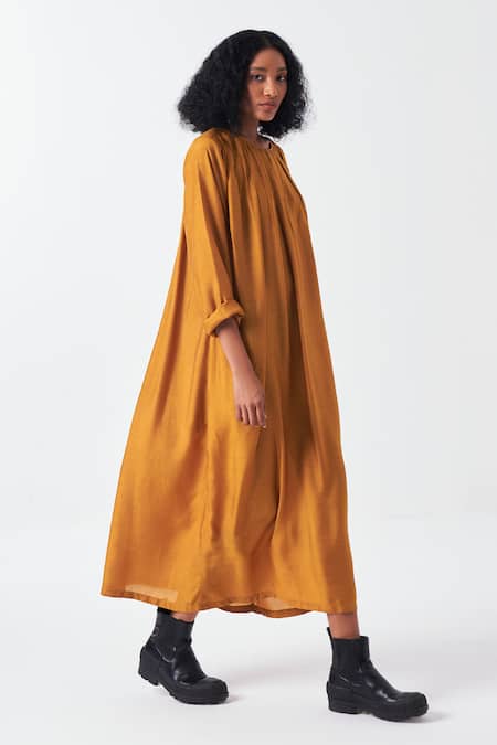 Three_Yellow Bamboo Round Neck Gathered Neckline Midi Dress_at_Aza_Fashions