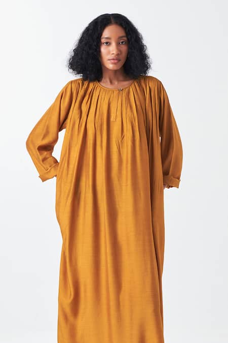 Buy_Three_Yellow Bamboo Round Neck Gathered Neckline Midi Dress