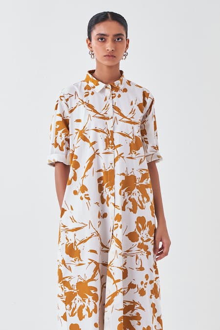 Three Yellow Poplin Collared Floral Print Elbow Sleeves Shirt Dress at Aza Fashions Three_Yellow Poplin Collared Floral Print Elbow Sleeves Shirt Dress _at_Aza_Fashions