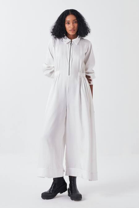 Three White Tencel Collared Solid Jumpsuit Online at Aza Fashions Three_White Tencel Collared Solid Jumpsuit _Online_at_Aza_Fashions