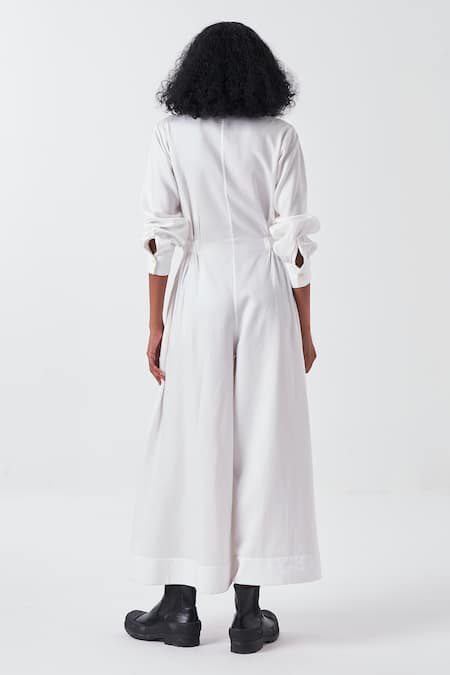 Shop Three White Tencel Collared Solid Jumpsuit at Aza Fashions Shop_Three_White Tencel Collared Solid Jumpsuit _at_Aza_Fashions