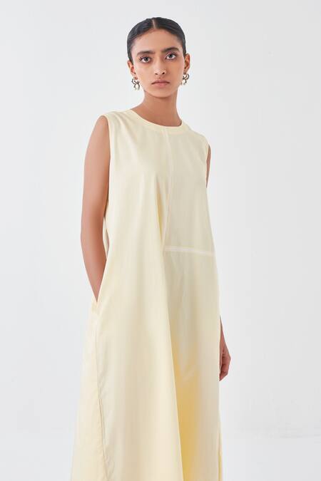 Three_Yellow Cotton Round Neck Butter Striped Applique Midi Dress _Online_at_Aza_Fashions
