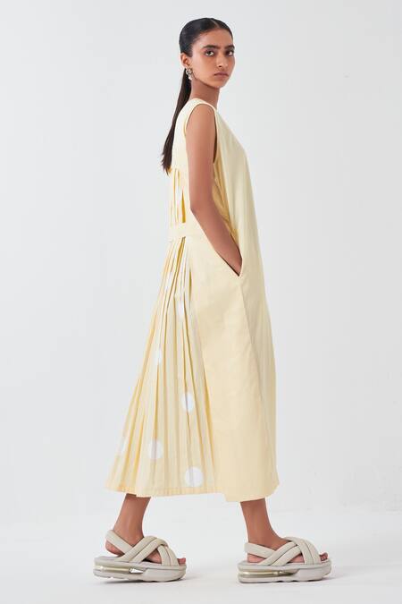 Shop_Three_Yellow Cotton Round Neck Butter Striped Applique Midi Dress _Online_at_Aza_Fashions