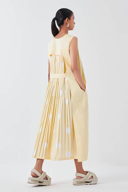 Shop_Three_Yellow Cotton Round Neck Butter Striped Applique Midi Dress _at_Aza_Fashions