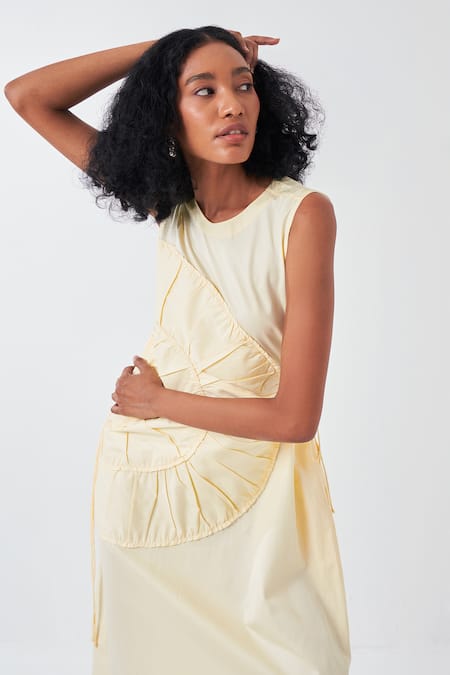 Buy_Three_Yellow Poplin Round Neck Frilly Bloom Applique Midi Dress _Online_at_Aza_Fashions