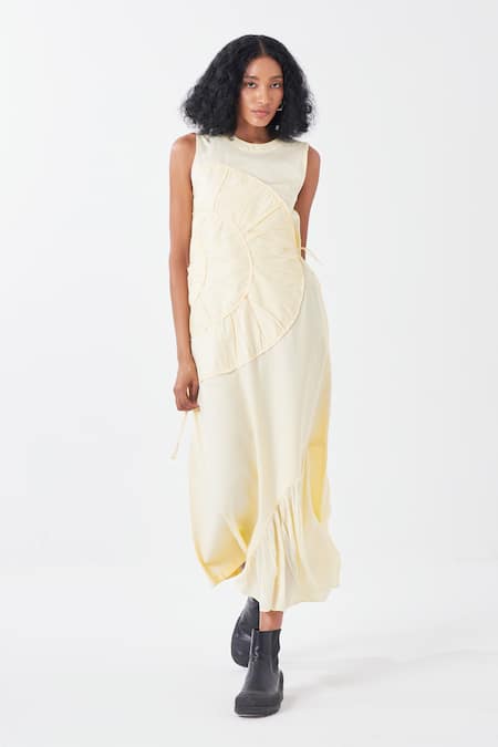 Shop_Three_Yellow Poplin Round Neck Frilly Bloom Applique Midi Dress _Online_at_Aza_Fashions