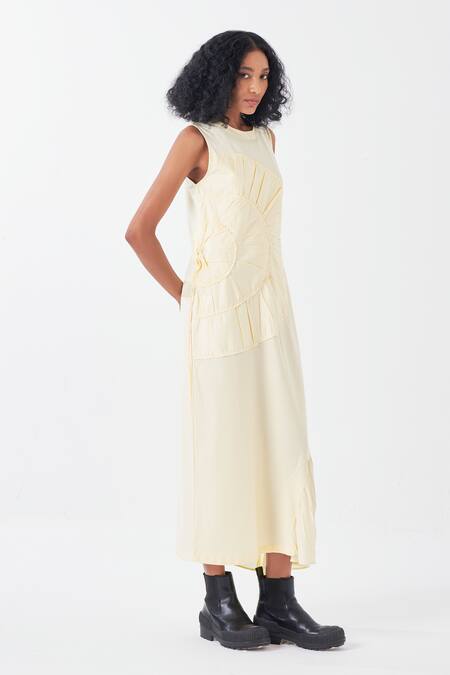 Three_Yellow Poplin Round Neck Frilly Bloom Applique Midi Dress _at_Aza_Fashions