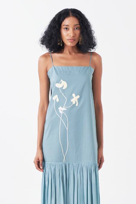 Three Blue Poplin Applique Square Neck Poppy Frilly Hem Dress Online at Aza Fashions Three_Blue Poplin Applique Square Neck Poppy Frilly Hem Dress_Online_at_Aza_Fashions