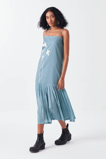 Shop Three Blue Poplin Applique Square Neck Poppy Frilly Hem Dress at Aza Fashions Shop_Three_Blue Poplin Applique Square Neck Poppy Frilly Hem Dress_at_Aza_Fashions