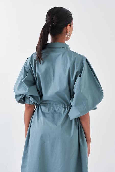 Three_Blue Poplin Collared Puffed Sleeve Shirt Dress_Online_at_Aza_Fashions