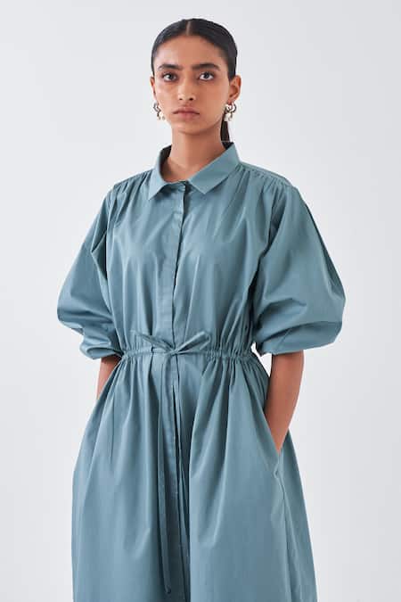 Buy_Three_Blue Poplin Collared Puffed Sleeve Shirt Dress_Online_at_Aza_Fashions