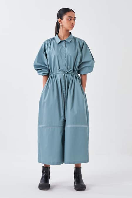 Shop_Three_Blue Poplin Collared Puffed Sleeve Shirt Dress_Online_at_Aza_Fashions