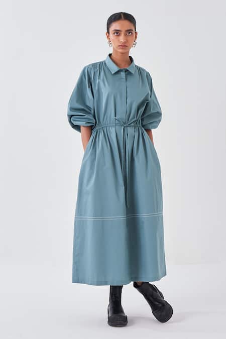 Three_Blue Poplin Collared Puffed Sleeve Shirt Dress_at_Aza_Fashions