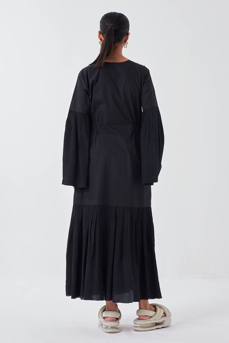 Shop Three Black Crepe, Poplin Round Neck Frilly Bell Sleeves Midi Dress at Aza Fashions Shop_Three_Black Crepe, Poplin Round Neck Frilly Bell Sleeves Midi Dress _at_Aza_Fashions